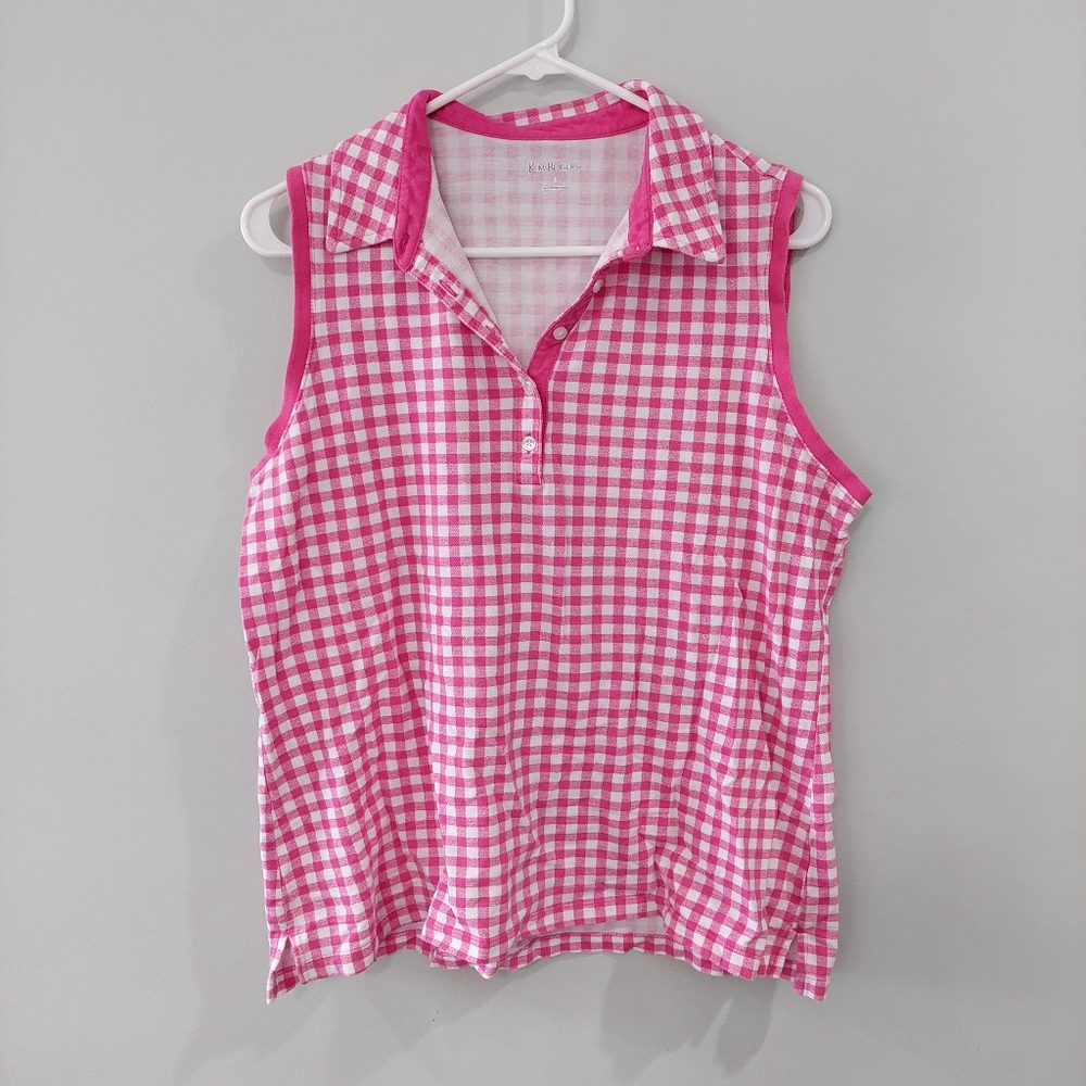 Kim Rogers sleeveless shirt Large pink white gingham pattern collared